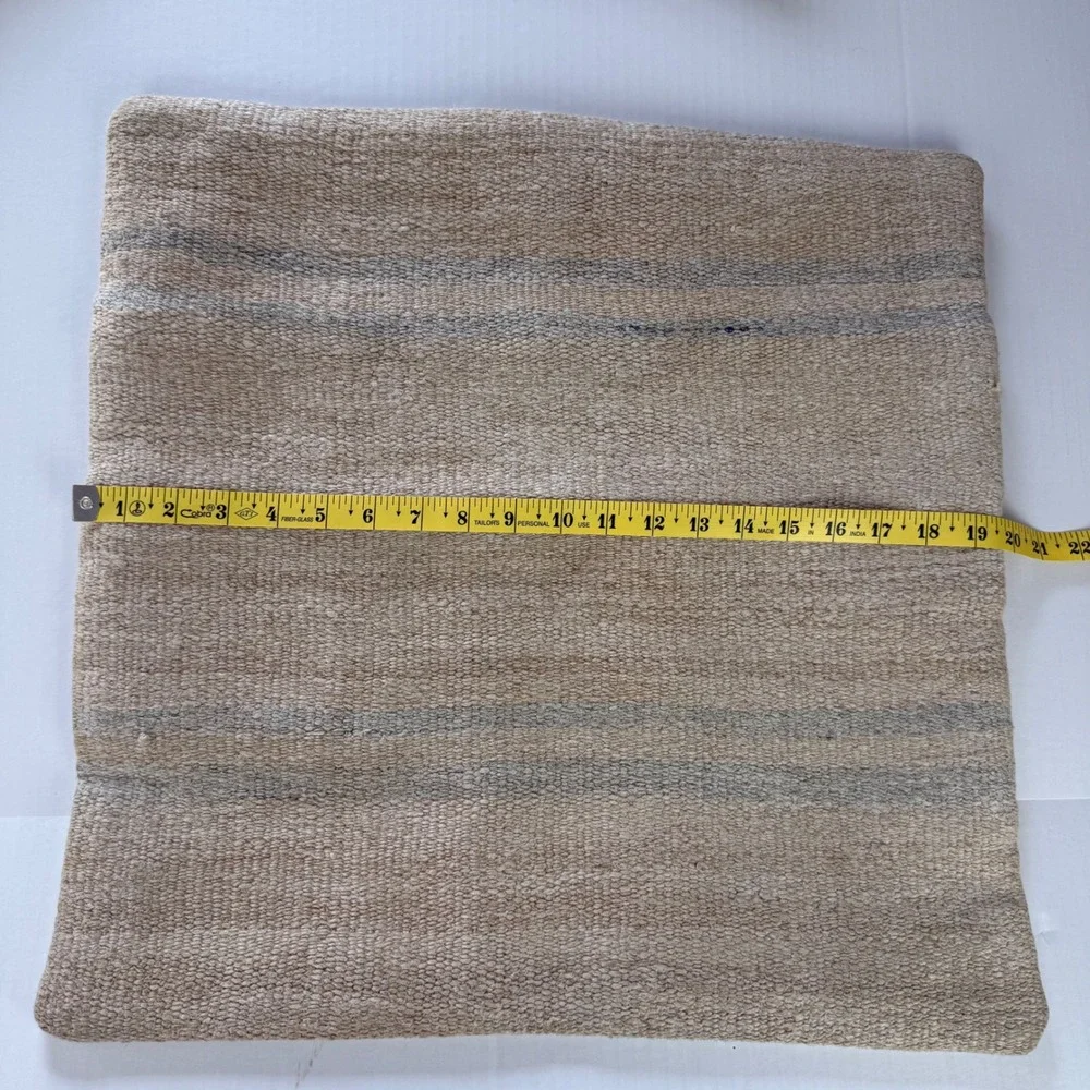 Set of 2 Hand Woven 100% Wool Kilim Pillow Covers 20x20 Tan Blue Made in Turkey